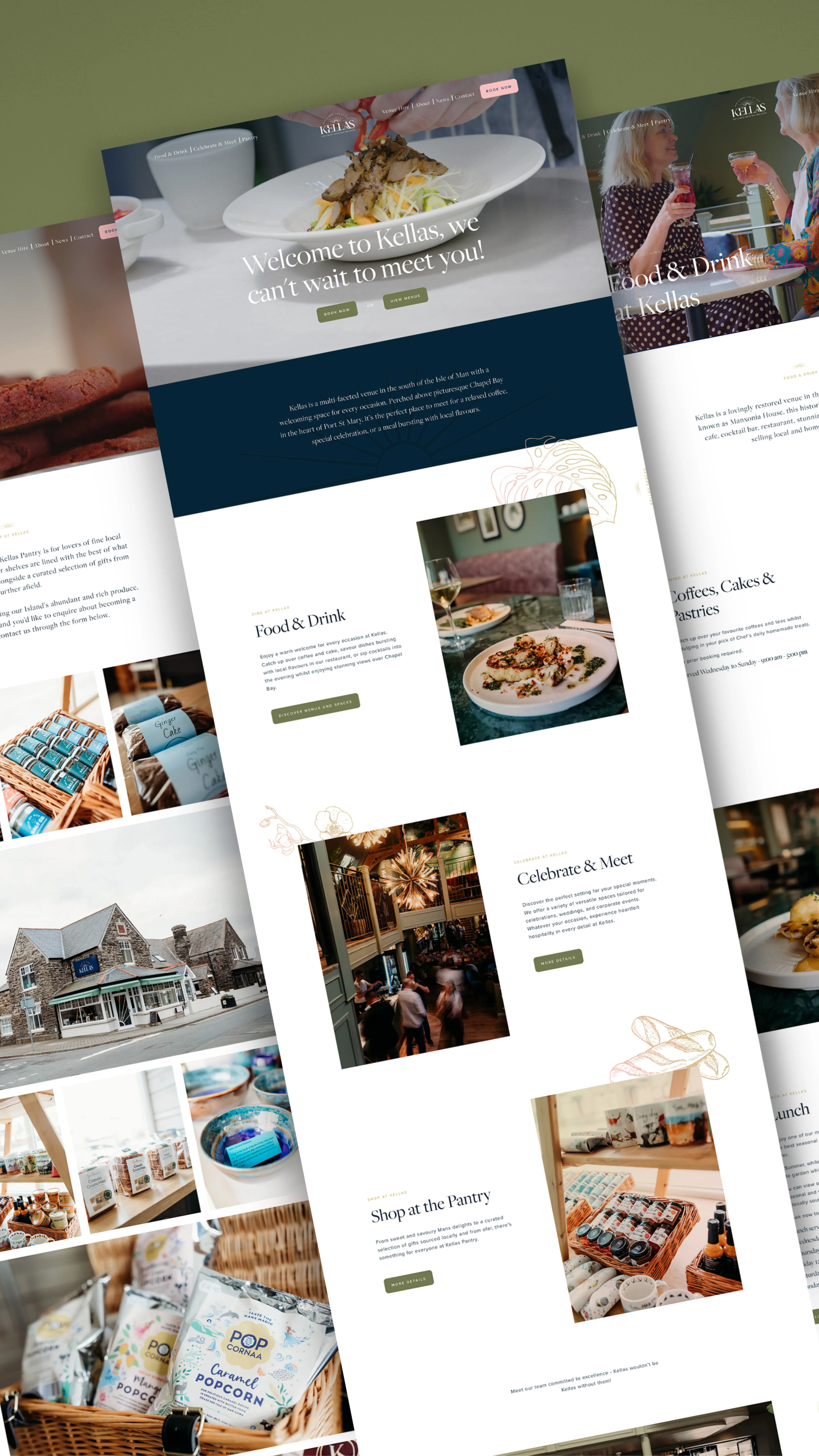 Multiple desktop website mockup screens for Kella's restaurant displayed on an olive green background, showing various pages including homepage, food and drink, and events sections with restaurant photography.
